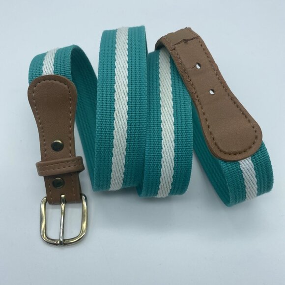 Unbranded Teal White Stripe Cotton Canvas Belt w/ Leather Tabs Men's Size 38 - Picture 1 of 12